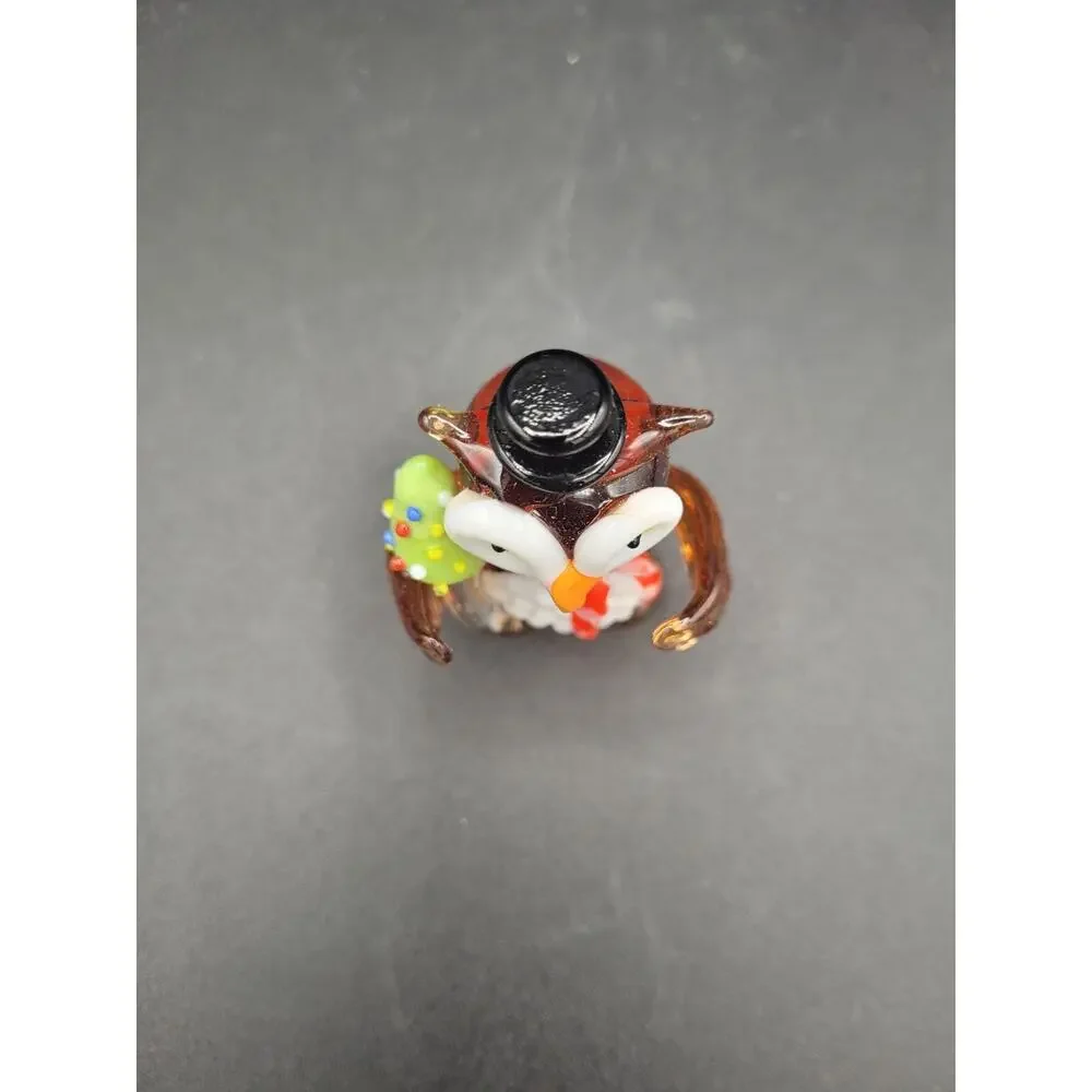 Pier 1 Glass Owl Christmas Figurine wearing Hat Scarf with Christmas Tree 2”